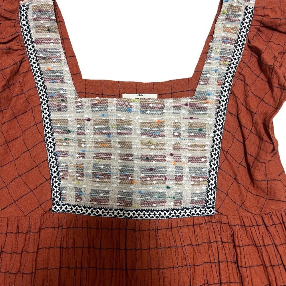 Rust Orange Entro Boho Embroidered Square Neck Ruffle Sleeve Top Size Small - Picture 4 of 10